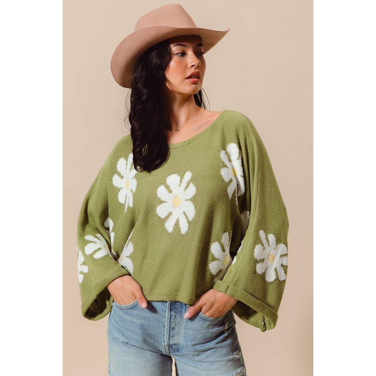 DAISY FLORAL PATTERN KNITTED SWEATER TOP