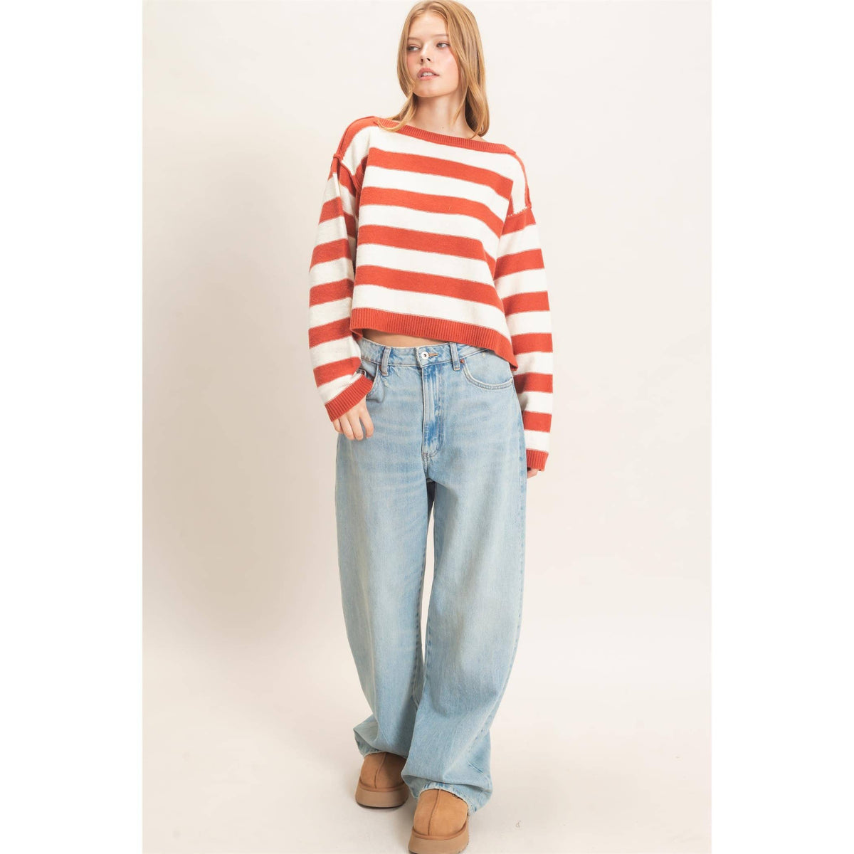 Striped Boat Neck Knit Sweater