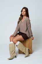 STRIPE SPLIT NECK LONG SLEEVE SEAM DETAIL KNIT TOP