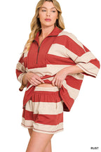 French Terry Striped Half Zip High Neck Top & Shorts Set Zenana