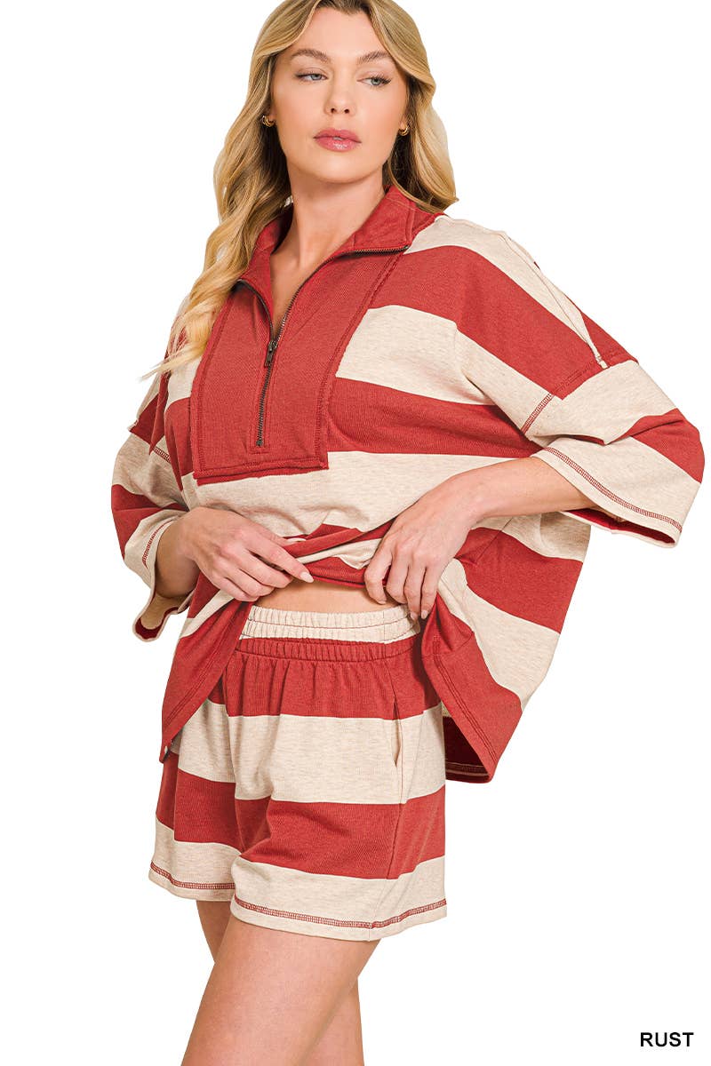 French Terry Striped Half Zip High Neck Top & Shorts Set Zenana
