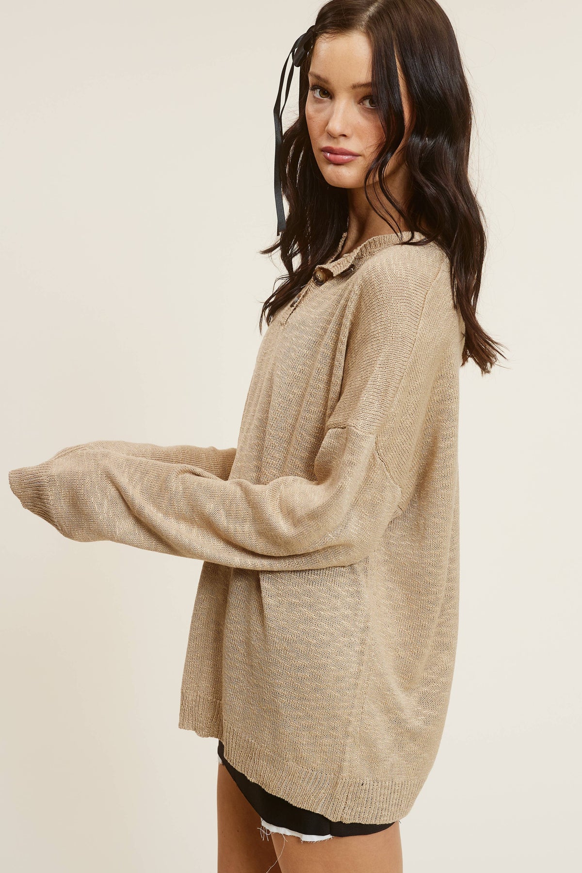 Baggy Knit Sweater with Henley Collar