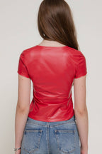 Short Sleeve Round Neck Stretch Faux Leather Top