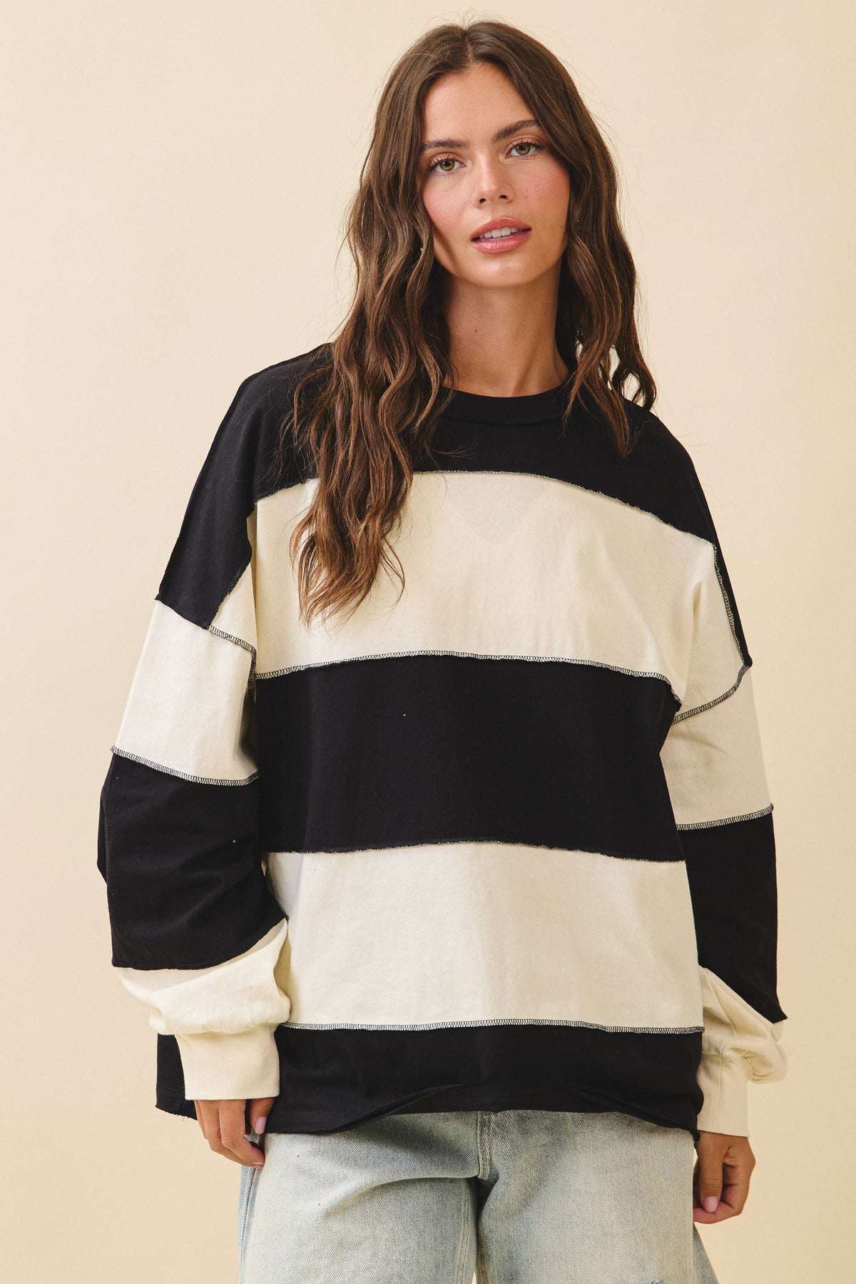 8551GN Contrast Panel Long Sleeve Slouchy Pullover 1