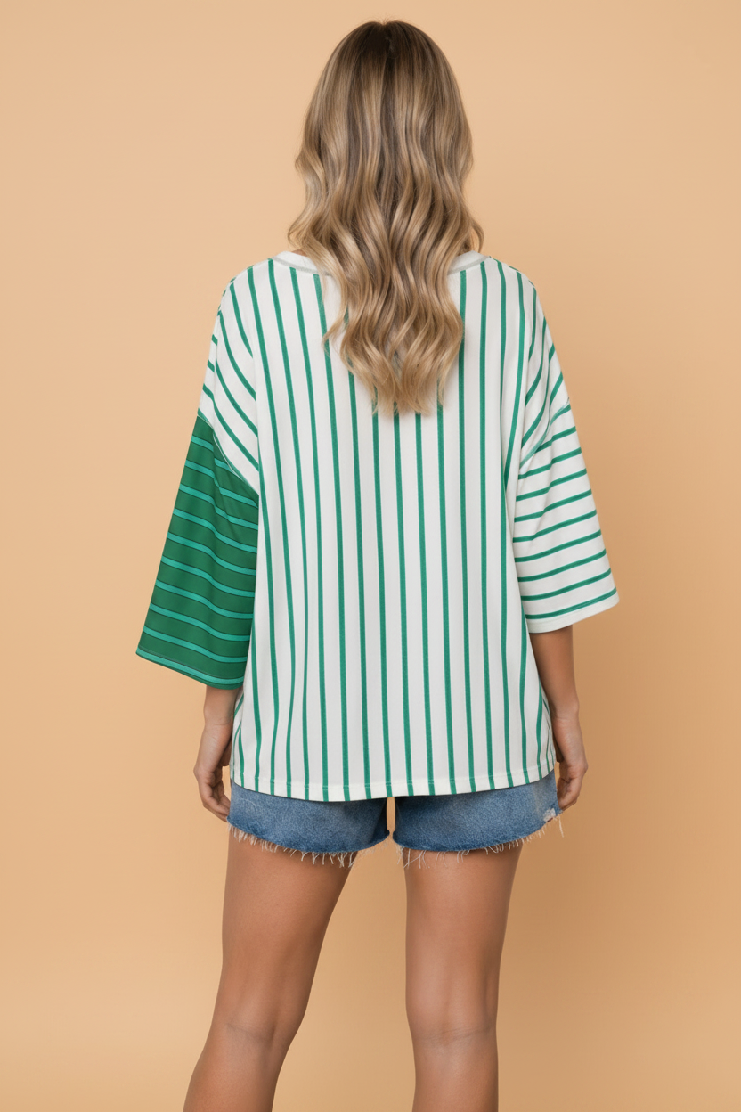 PRETTY BASH Stripe Colorblock Loose Tee