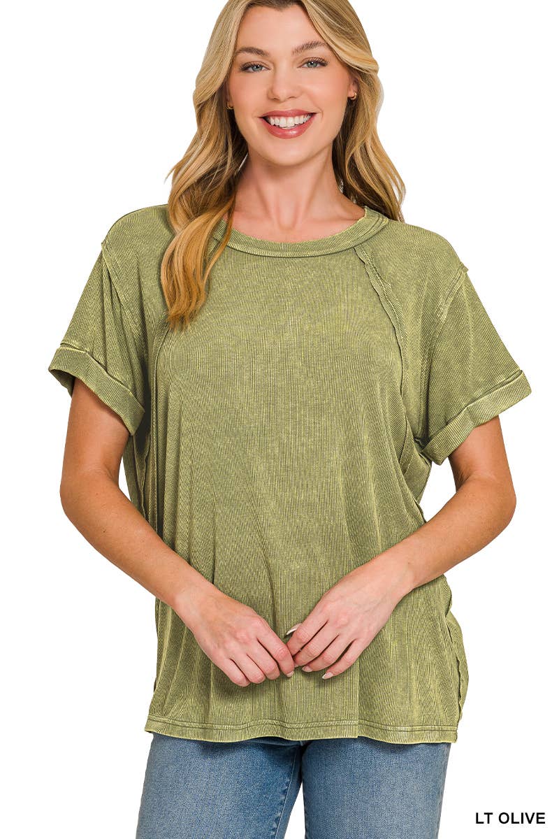 Washed Ribbed Cuffed Short Sleeve Round Neck Top