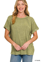 Washed Ribbed Cuffed Short Sleeve Round Neck Top