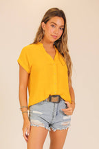 Textured Gauze Button-front Hi-Low Hem Blouse