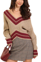 Contrast Trim V-neck Varsity Knit Sweater