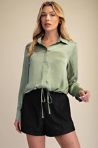 Collar Neck Long Sleeve Adjustable Drawstring Hem Shirt