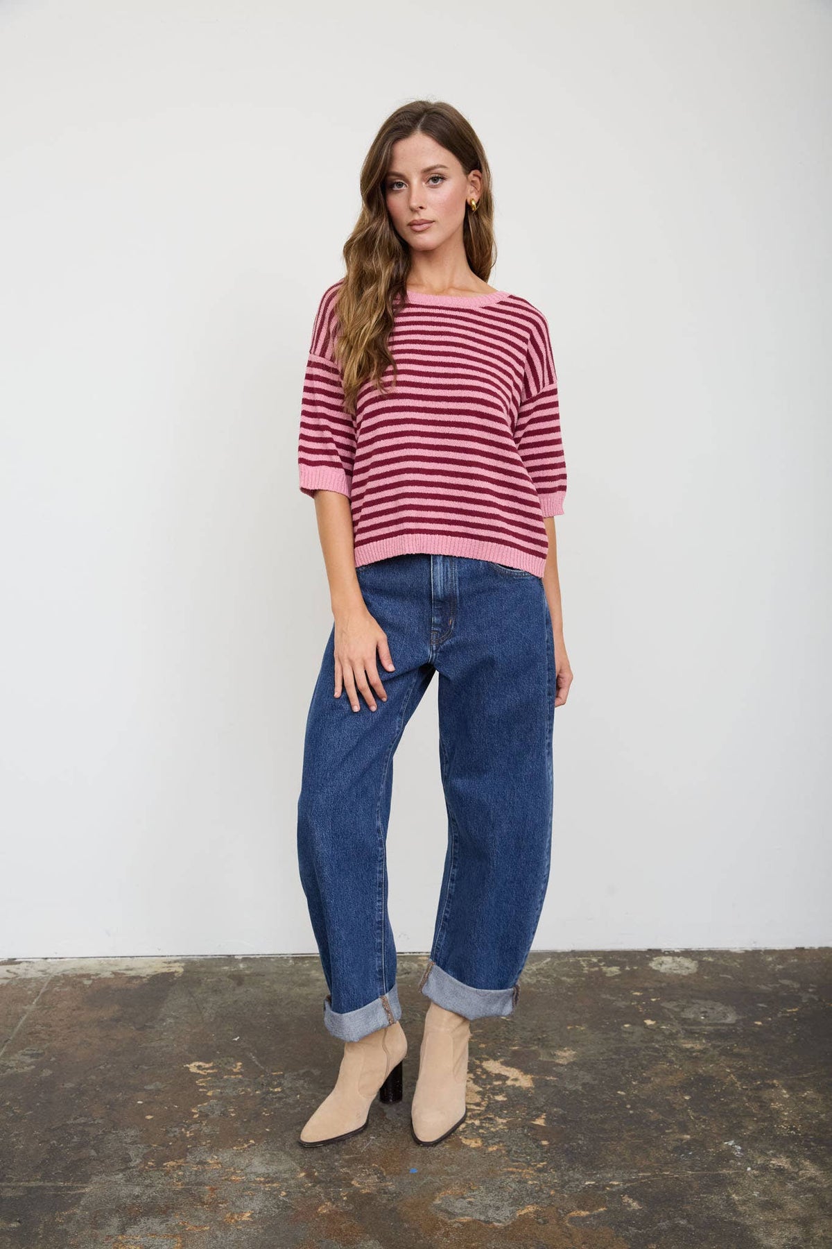 STRIPE CONTRAST TRIM SHORT SLEEVE KNIT SWEATER