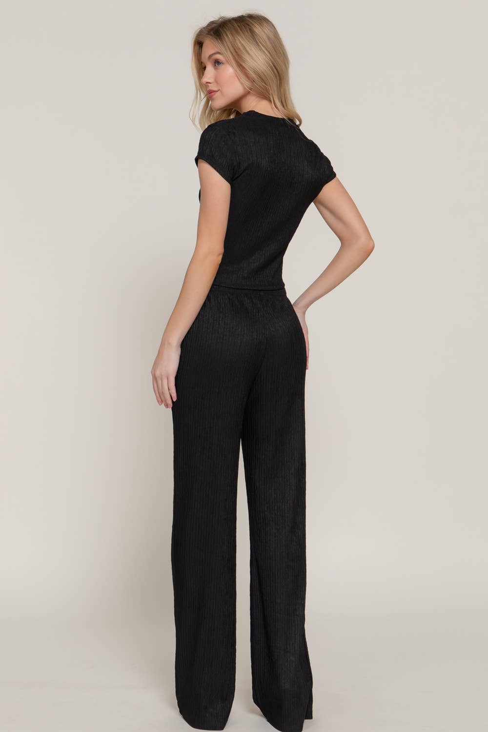 Short Sleeve Crew Neck Top & Waist Band Flare Pants Set