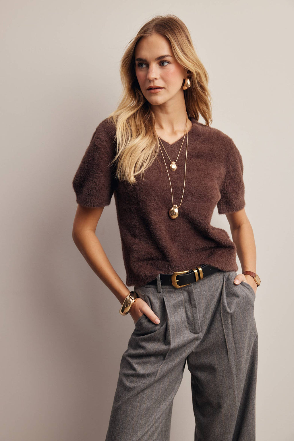 Fuzzy V-Neck Knit Top FSW0105