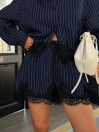 Striped Button Down Shirt & Lace Trim High Waist Shorts Set