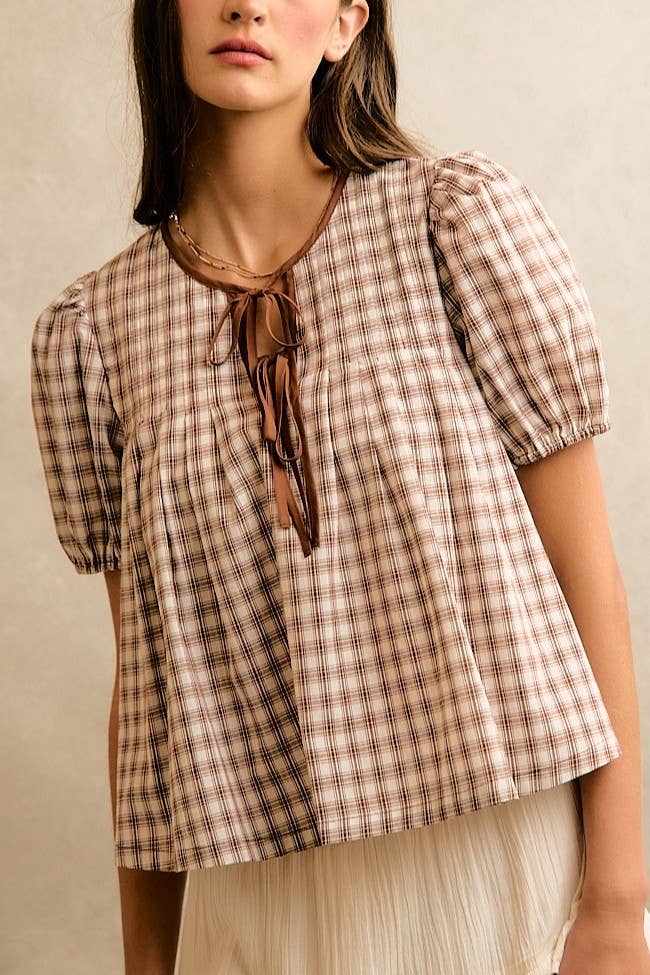 Plaid Check Pintuck Short Sleeves Blouse Top