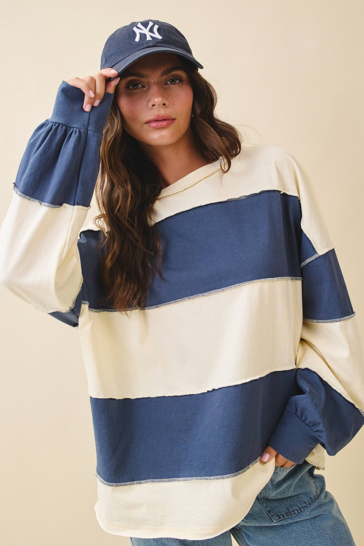 8551GN Contrast Panel Long Sleeve Slouchy Pullover 1
