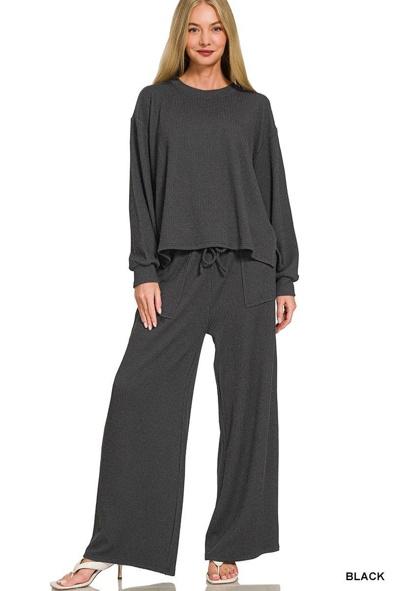 Raised Rib Round Neck Pullover And Pants Set