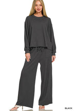 Raised Rib Round Neck Pullover And Pants Set