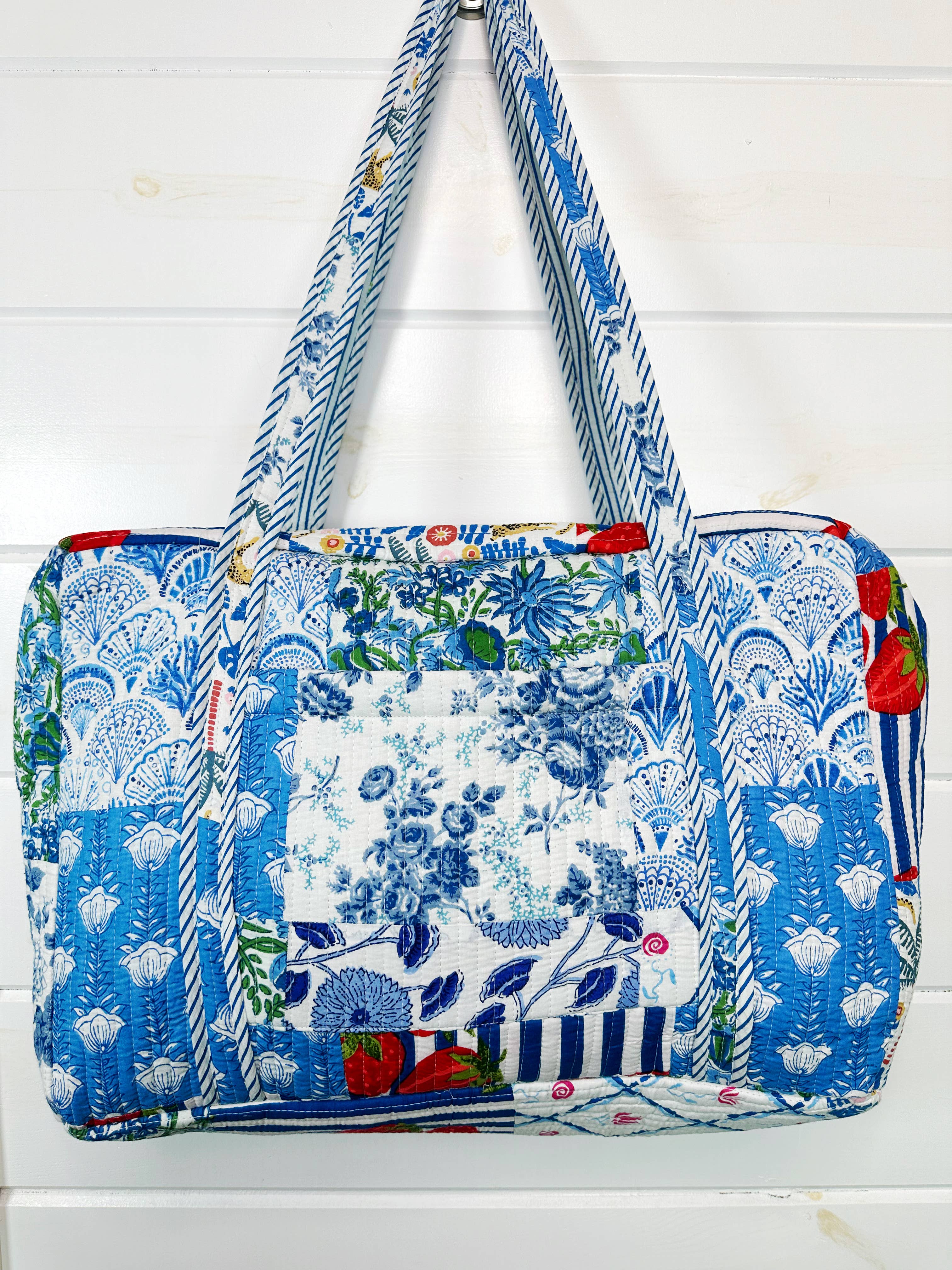 Blue Patchwork Quilted Duffle Weekender Travel Bag