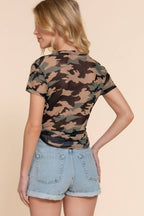 0224 Knotted Camo Print Mesh Fitted Top SI-26211