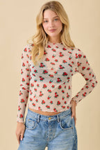 Strawberry Bow Print Long Sleeve Mesh Top