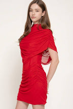 High Neck Shoulder Drape Mesh Mini Dress
