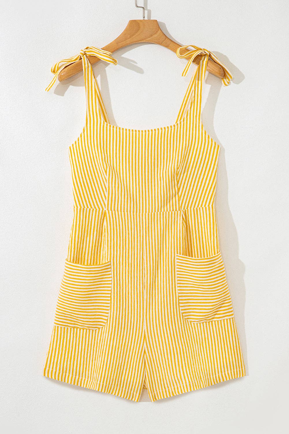 Stripe Tie Shoulder Smocked Wide Leg Romper