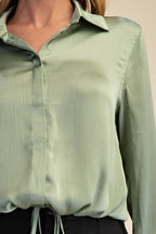Collar Neck Long Sleeve Adjustable Drawstring Hem Shirt