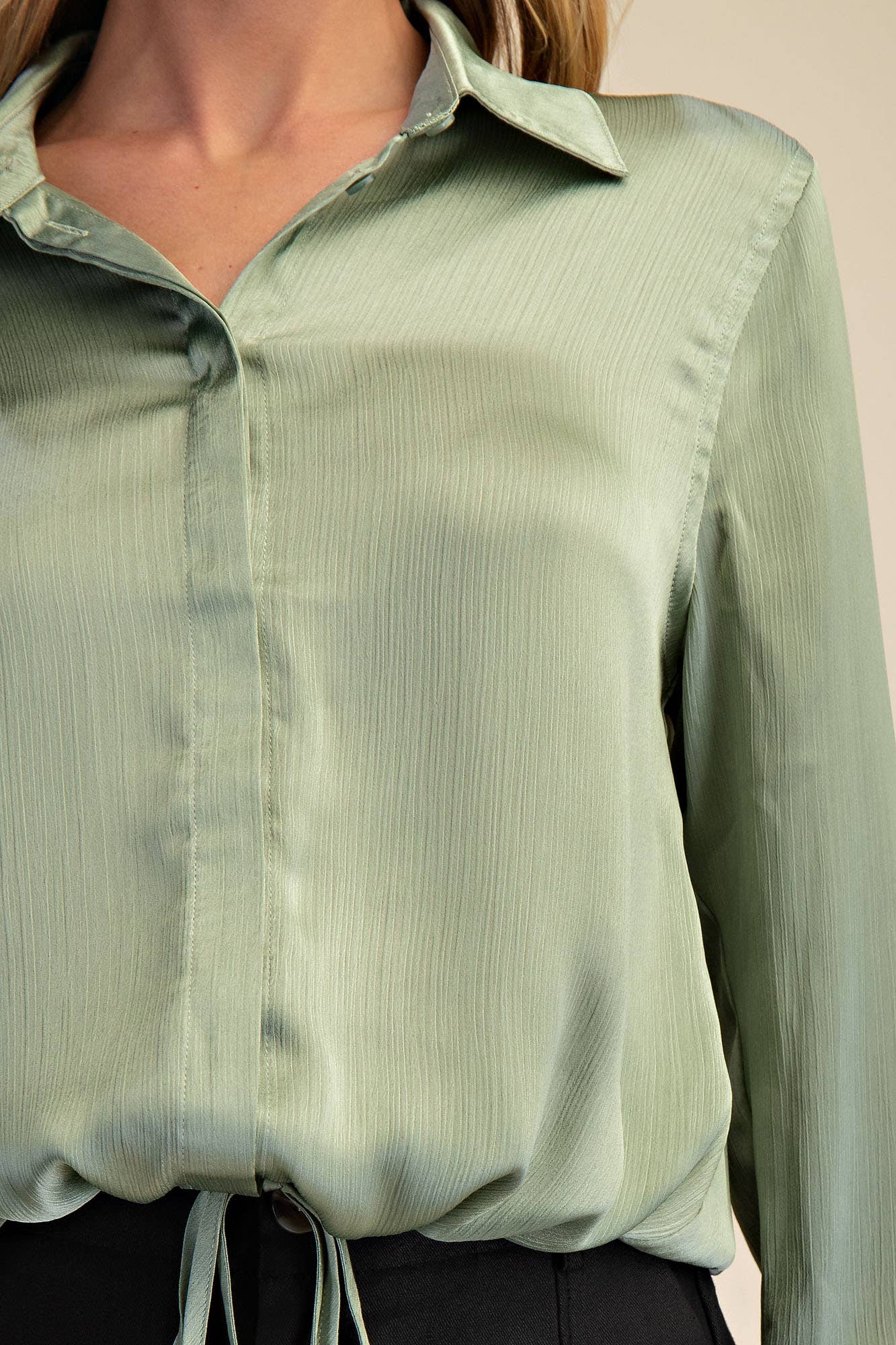 Collar Neck Long Sleeve Adjustable Drawstring Hem Shirt