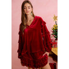 HOLIDAY VELVET RUFFLED SLEEVES V NECK TOP