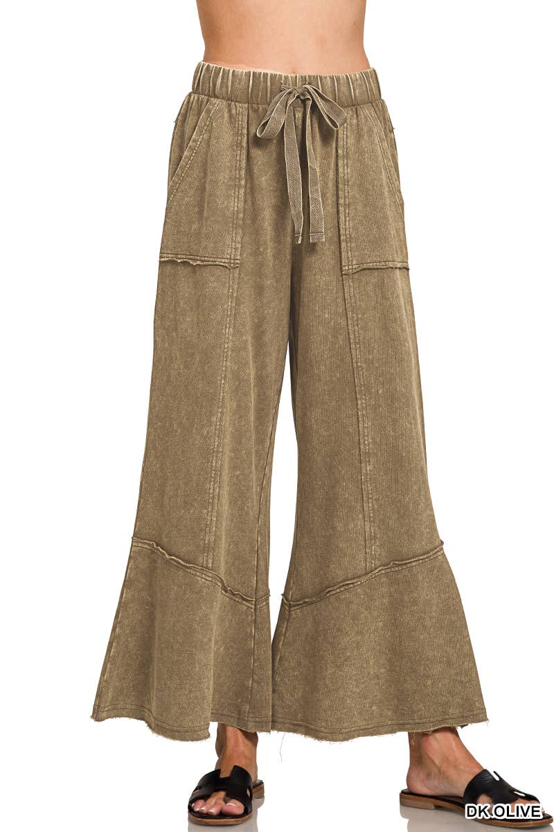`Acid Washed Flare Hem Pants With Pockets Zenana
