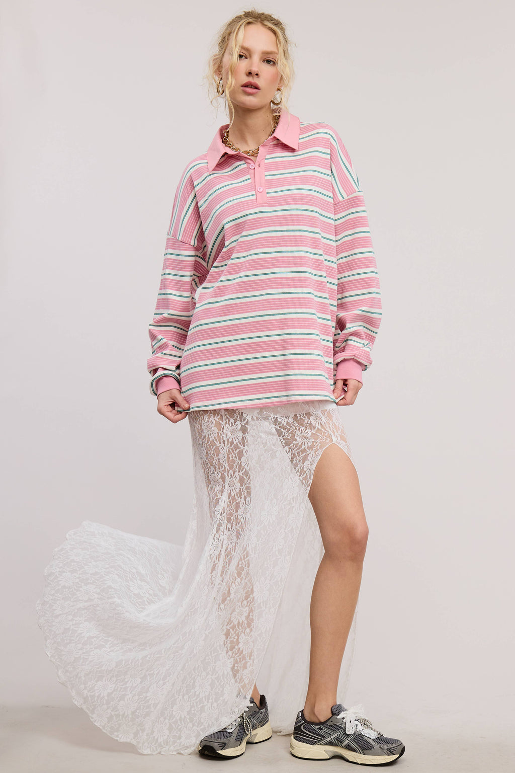 Multicolor Stripe Oversized Long Sleeve Polo Shirt
