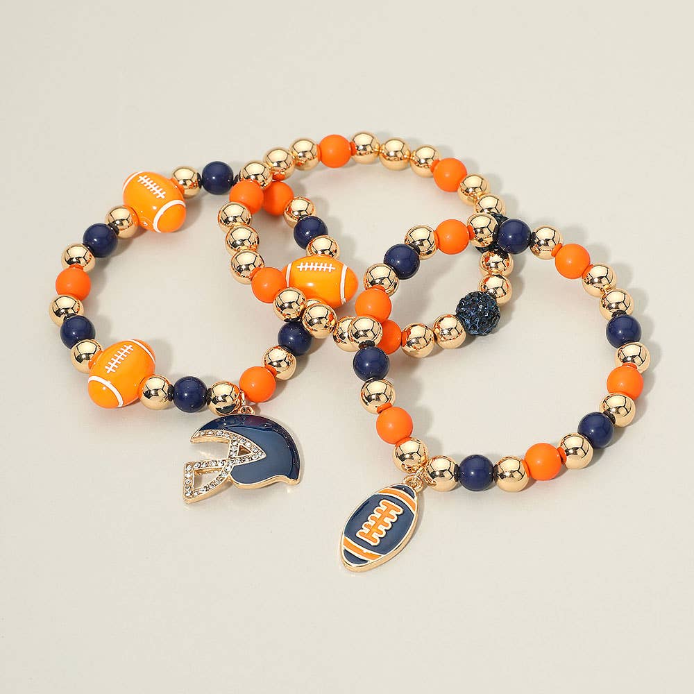 3PCS - Game Day Football Helmet Charm Beaded Stretch Multi Layered Bracelets