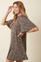 ANIMAL PRINT RUFFLE MOCK NECK MINI DRESS