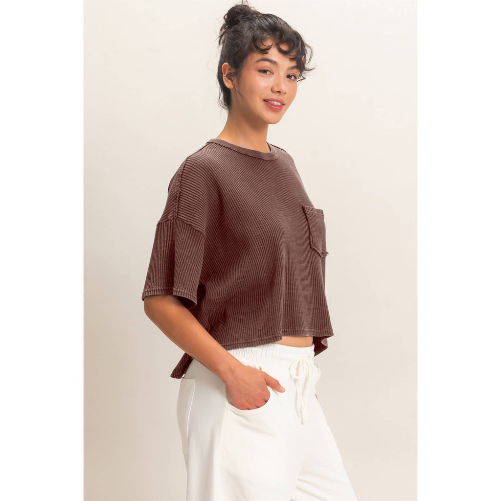 Mineral Wash Waffle Knit Pocket Top