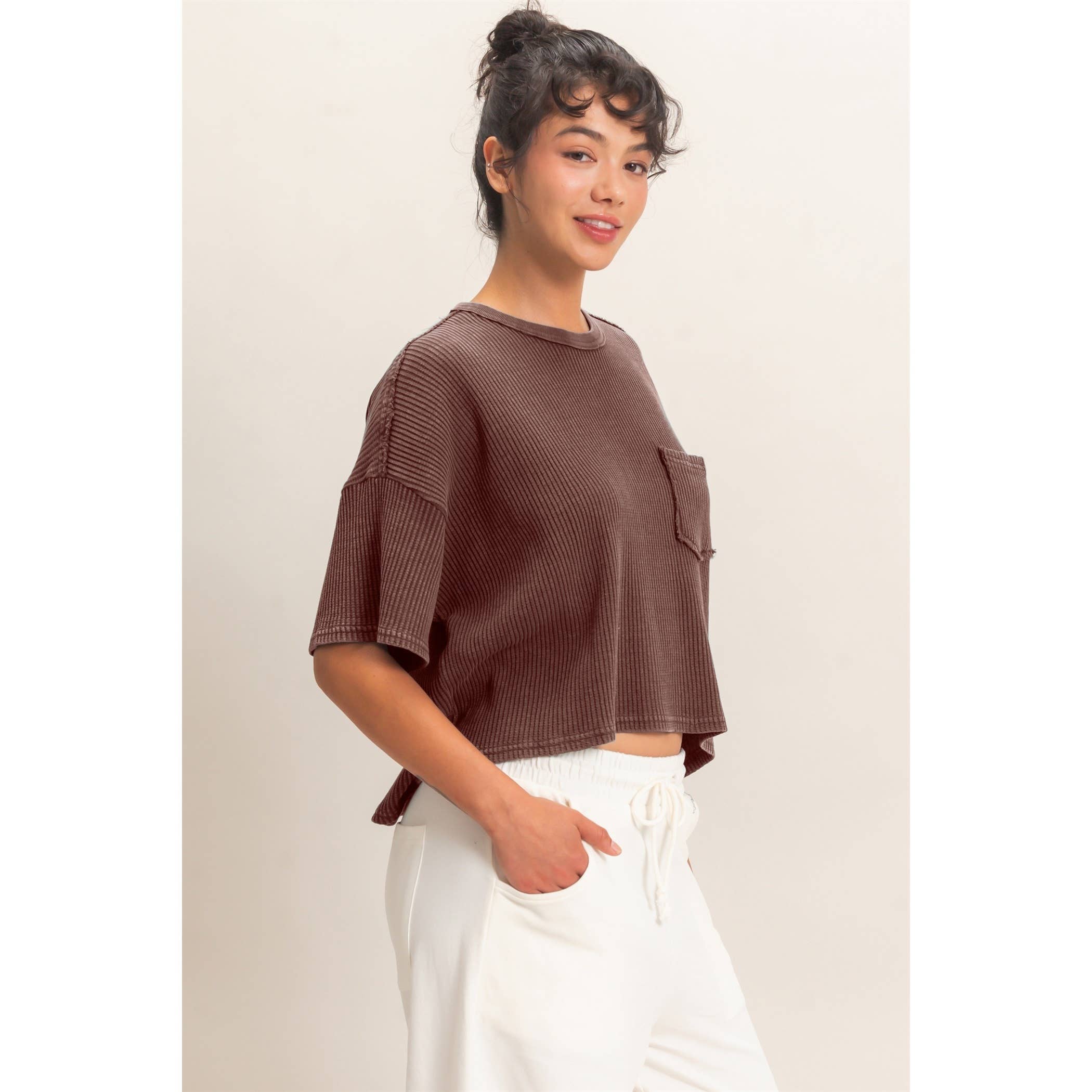 Mineral Wash Waffle Knit Pocket Top