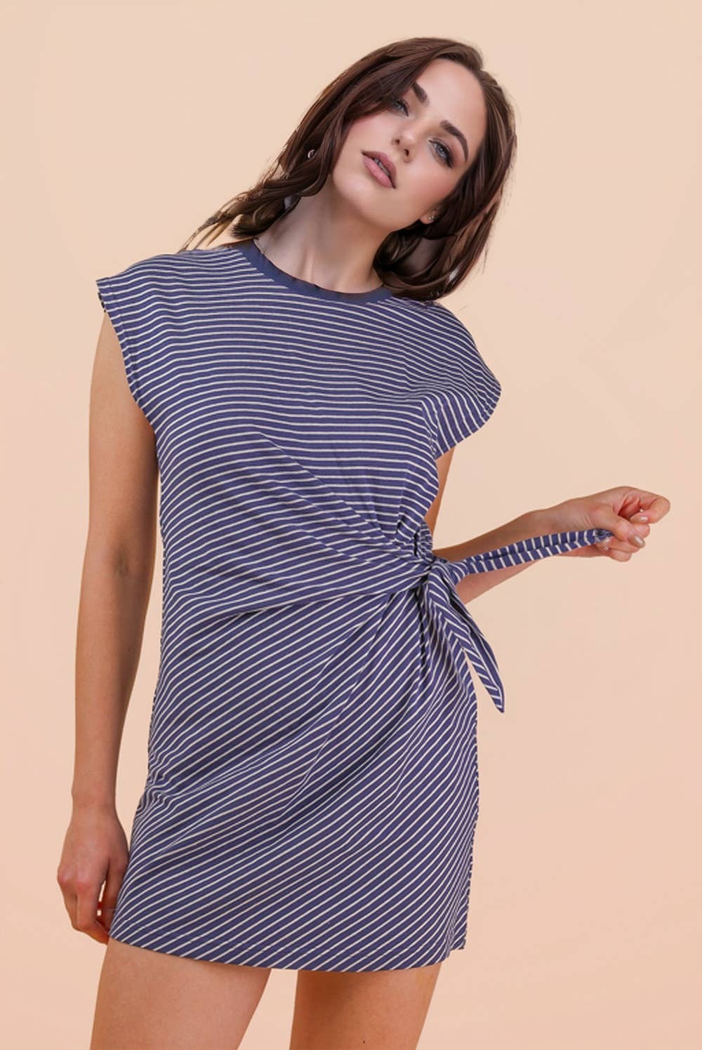 ND31733-Stripe Knit Sleeveless Mini Dress W/ Tie Detail