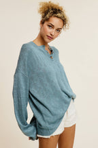 Baggy Knit Sweater with Henley Collar