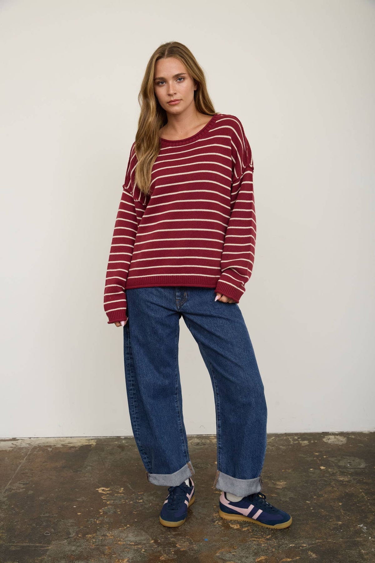 CREAM STRIPED DROP SHOULDER CREW NECK SWEATER