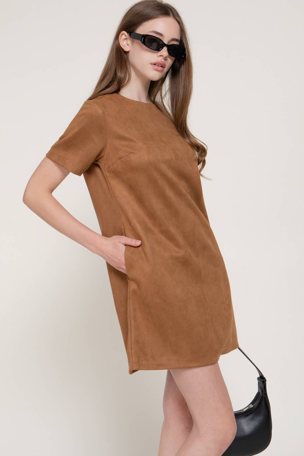 Short Sleeve Round Neck Semi A-Line Faux Suede Mini Dress