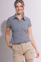 0410 Short Sleeve Collared Ruffled Hem Shirt SI-29702
