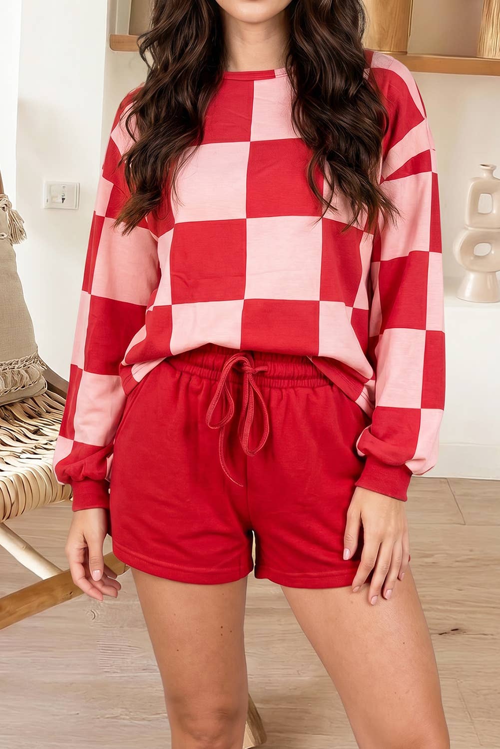 Checkerboard Long Sleeve Pullover Top Shorts Set (S-XL)