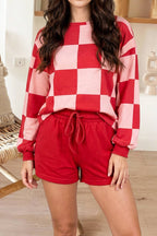 Checkerboard Long Sleeve Pullover Top Shorts Set (S-XL)