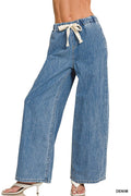Wide Leg Drawstring Elastic Waistband Denim Pants w/ Pockets