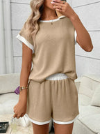 Waffle Knit Lounge Set Casual Shorts Outfit