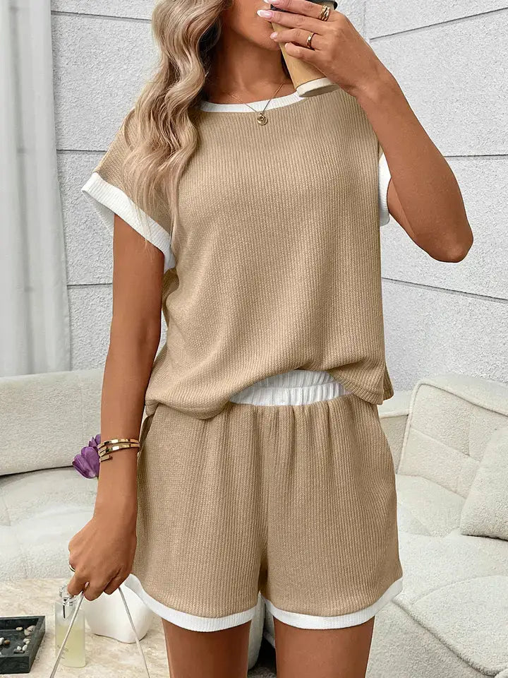 Waffle Knit Lounge Set Casual Shorts Outfit
