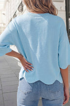 Solid Scalloped Hem 3/4 Sleeve Sweater Top | S-XL