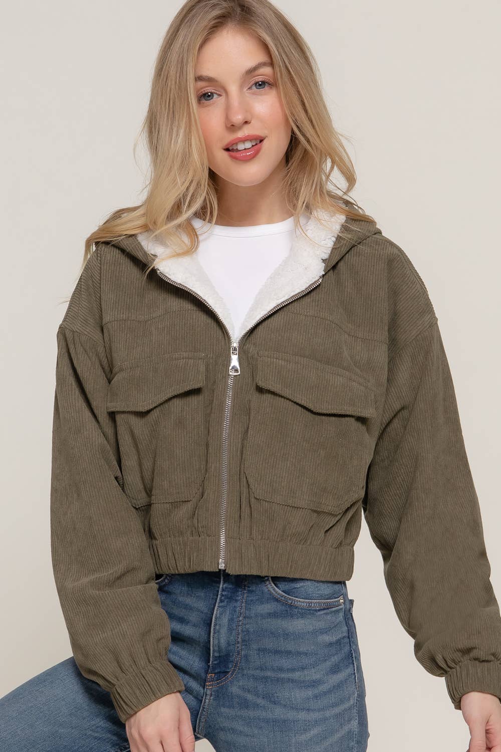 Long Sleeve Hoodie Inside Fur Corduroy Zip Up Jacket