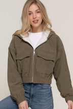 Long Sleeve Hoodie Inside Fur Corduroy Zip Up Jacket
