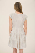 STRIPE V NECK BUTTON DOWN TIERED MINI DRESS